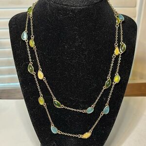 Vintage Green yellow and blue glass drops multi strand gold tone necklace